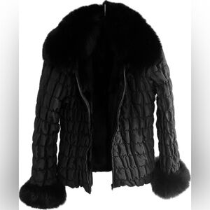 Dino Gaspari -Chic Black Puffer Jacket, Blue Fox Collar&Cuffs, Rabbit Fur Lining